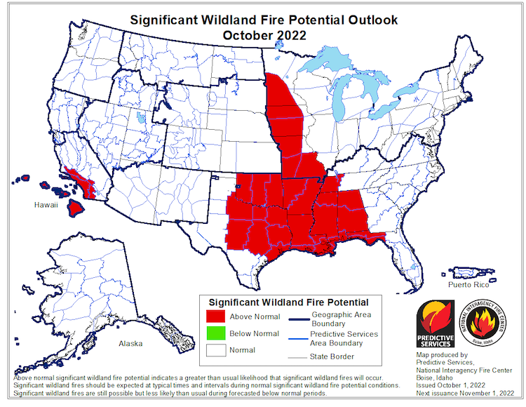 In October 2022, there is increased risk for wildland fire across portions of the Plains, Iowa, and Missouri.
