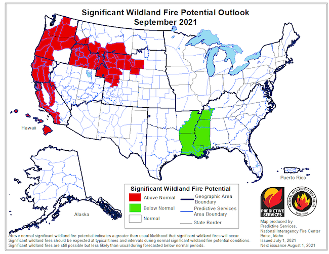 Significant Wildland Fire Potential Outlook for September 2021, which shows above normal fire potential along the California coast, northern California, and into parts of central California.