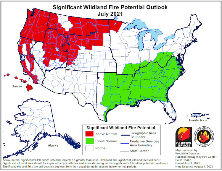 Significant Wildland Fire Potential Outlook for July 2021, which shows above normal fire potential for the entire Pacific Northwest, except western Montana.