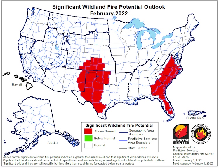 Significant Wildland Fire Potential Outlook for February 2022, which shows elevated fire potential for parts of Texas, western Oklahoma and Kansas, and eastern New Mexico.