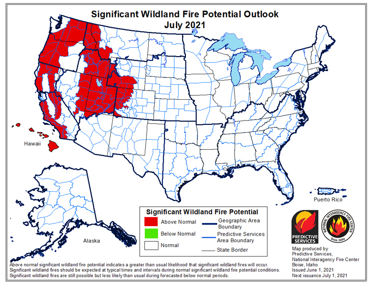 National Significant Wildland Fire Potential Outlook for July 2021, showing where there is above-, below-, and normal potential for significant wildland fire. There is above-normal potential along the coast and northern border of California, as well as parts of northwestern and central California.