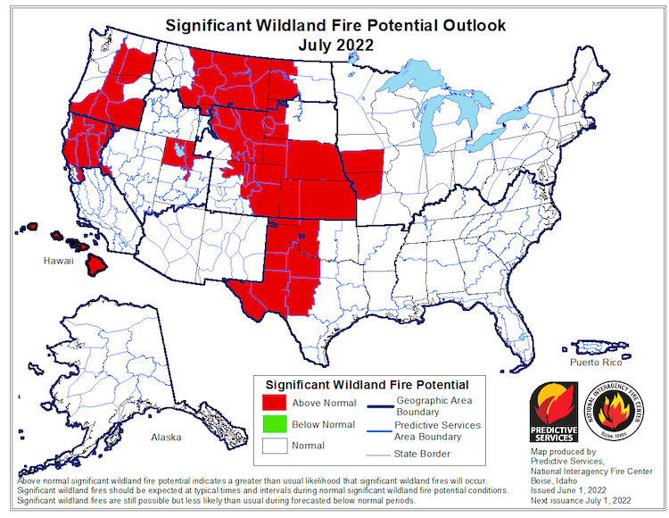 National Significant Wildland Fire Potential Outlook for July 2022, showing that there is above-normal significant fire potential for northern California.