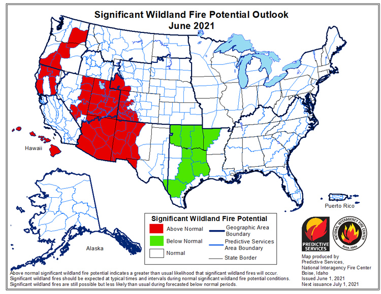 National Significant Wildland Fire Potential Outlook for June 2021, showing where there is above-, below-, and normal potential for significant wildland fire. There is above-normal potential in parts of northern California.