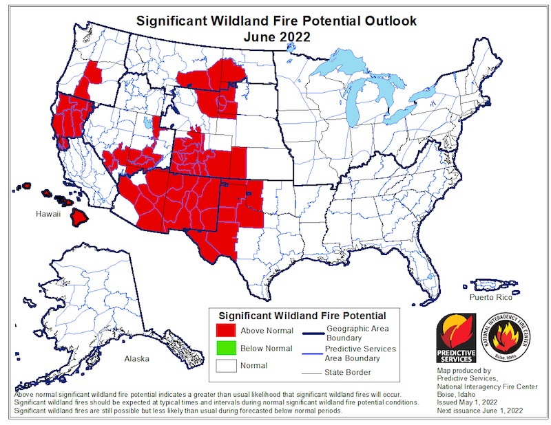 National Significant Wildland Fire Potential Outlook for June 2022, showing where there is above-, below-, and normal potential for significant wildland fire. There is above-normal potential in parts of northern California.