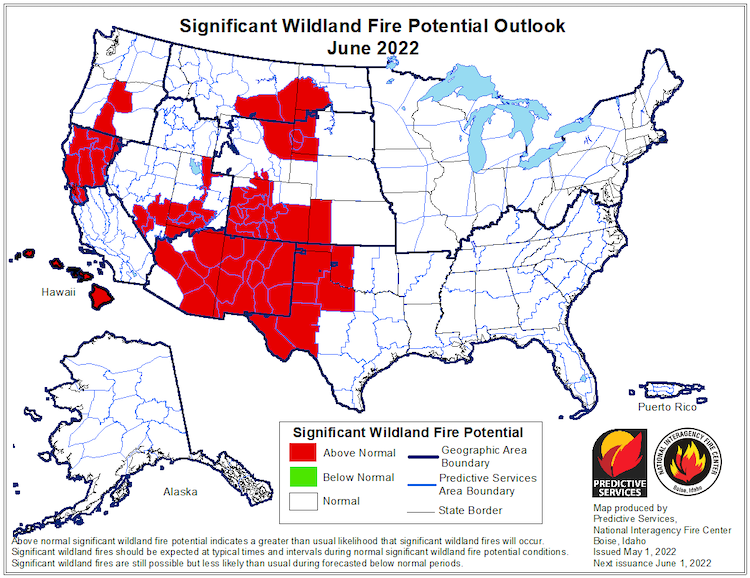 Significant wildland fire potential is forecast for all of New Mexico, much of Arizona, southern Colorado, southern Utah, Utah's Wasatch Mountains, and northeastern Wyoming.