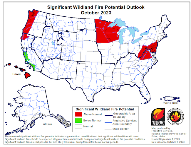 The Significant Wildland Fire Potential Outlook shows a normal wildland fire potential in the Southern Plains in October.