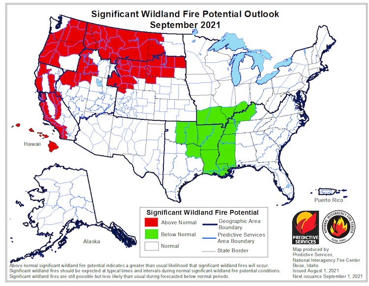 National Significant Wildland Fire Potential Outlook for September 2021, showing where there is above-, below-, and normal potential for significant wildland fire. There is above-normal wildland fire potential across all of Montana, much of Wyoming, South Dakota, and western North Dakota.