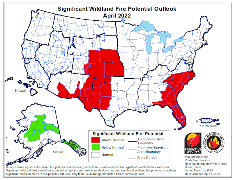 The Significant Wildland Fire Potential Outlook for April 2022 shows above-normal chances for significant wildland fire across eastern Colorado, Kansas, Nebraska, and southeast Wyoming.