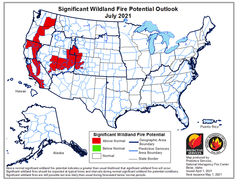 National Significant Wildland Fire Potential Outlook for July 2021. Upper elevations in California, as well as parts of California's coast and eastern Nevada, show an increased risk for significant wildland fires.