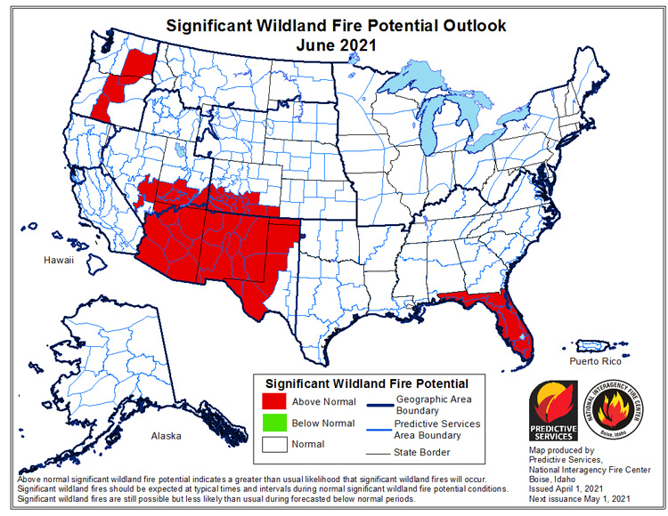 National Significant Wildland Fire Potential Outlook for June 2021. Parts of southern Nevada show an increased risk for significant wildland fires.