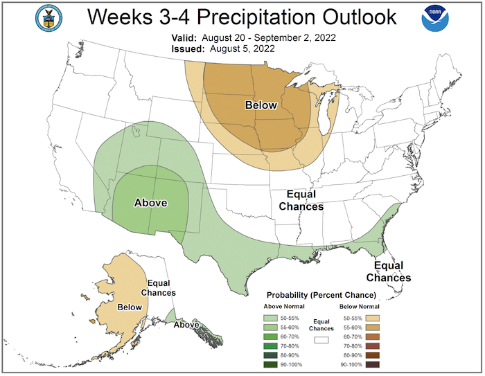 From August 20 to September 2, 2022, there are equal chances of above- and below-normal precipitation across the Northeast.