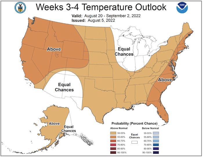 From August 20–September 2, 2022, odds favor above-normal temperatures for the entire Northeast.