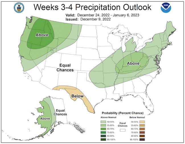 Odds favor above-normal precipitation across the Northeast from December 24 to January 6.