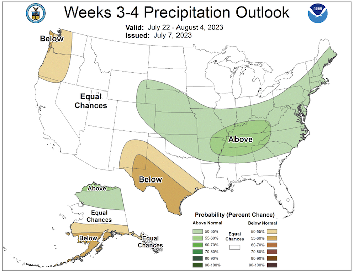For July 22 to August 4, odds slightly favor above-normal precipitation across much of the Northeast, with equal chances of above- or below-normal precipitation for inland New York and New England.