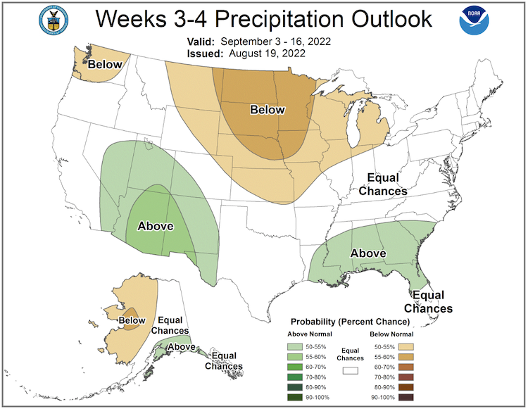 From September 3-16, 2022, there are equal chances of above- and below-normal precipitation across the Northeast.