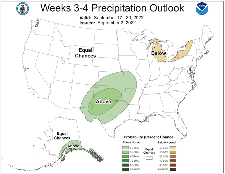 From September 17-30, 2022, there are equal chances of above- and below-normal precipitation across most of the Northeast. Odds favor below-normal conditions in western New York.