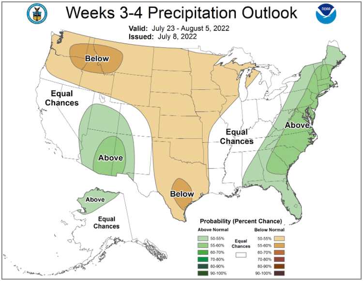 From July 23–August 5, 2022, odds favor above-normal precipitation across most of the Northeast, except far-northern Maine and far-western New York.