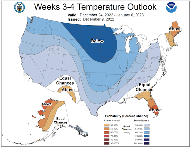 Odds favor above-normal temperature from central Vermont to Maine, from December 24 to January 6.