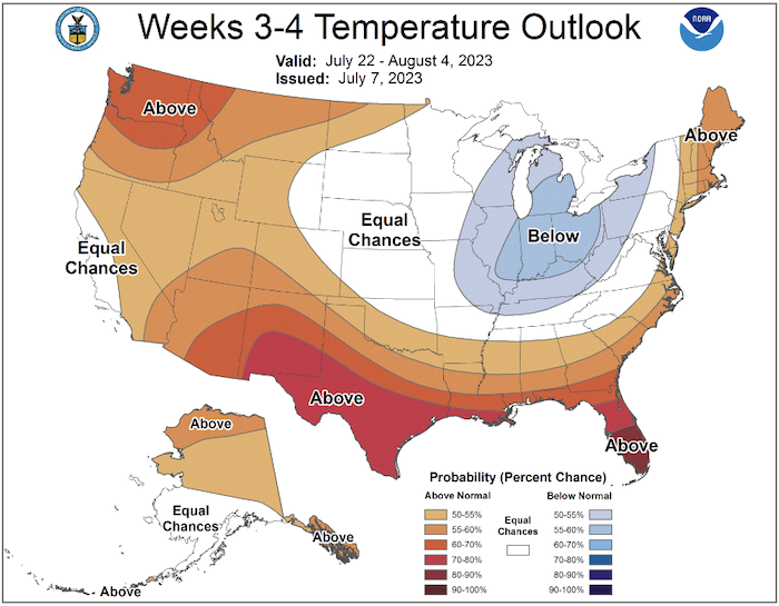 For July 22 to August 4, odds favor above-normal temperatures for most of New England, and below-normal temperatures for western New York.