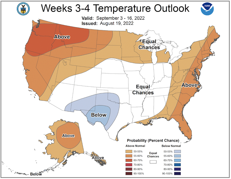 From September 3–16, 2022, odds favor above-normal temperatures for the entire Northeast.