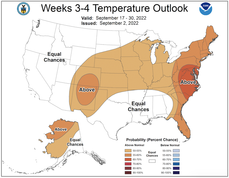 From September 17–30, 2022, odds favor above-normal temperatures for the entire Northeast.