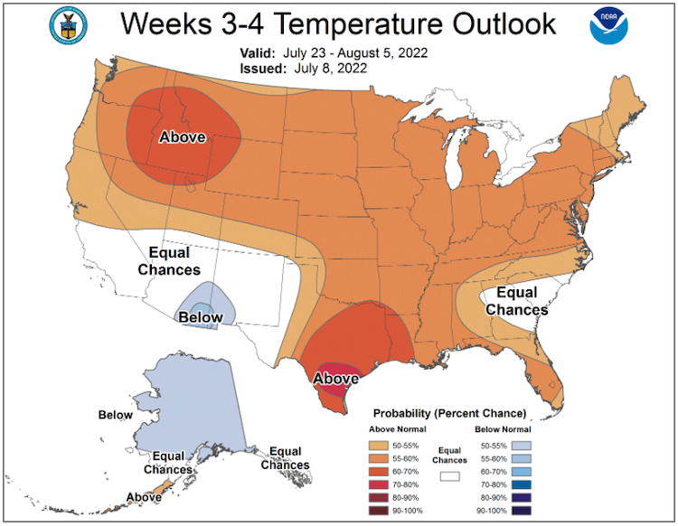 From July 23–August 5, 2022, odds favor above-normal temperatures across the Northeast.