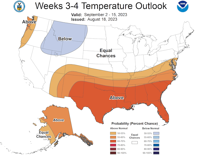 For September 2 through 15,  there are equal chances for above or below normal temperatures across the Northeast.