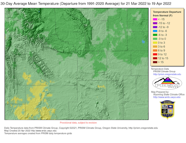 30-day average mean temperature as a departure from the 1991-2020 average for Wyoming. Below normal temperatures dominated the last 30 days in Wyoming with the exception of parts of the Green River Basin.