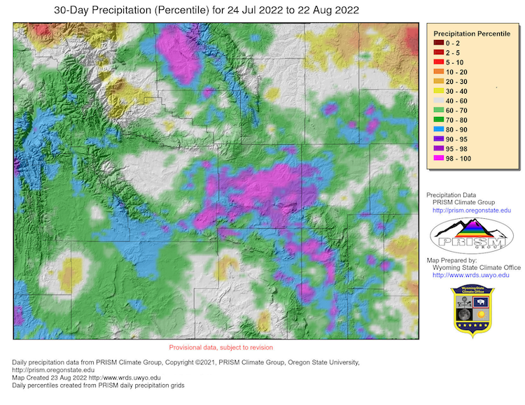 30-day precipitation percentiles for Wyoming, from July 24 to August 22, 2022.