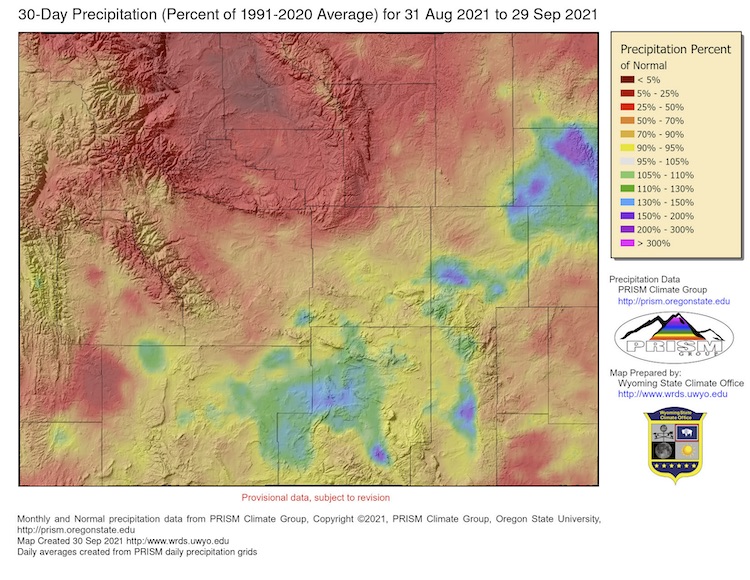 Wyoming 30-day precipitation as a percent of the 1991-2020 average, showing conditions from August 31 to September 29, 2021. Precipitation has been above average in south central Wyoming and parts of the northeast, but the remainder of the state has been below average.