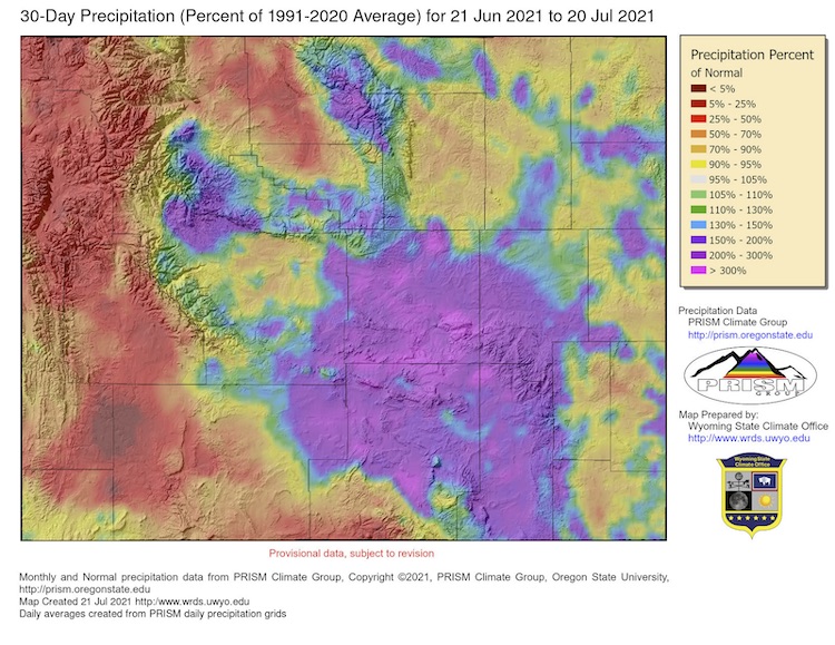 Wyoming 30-say precipitation as a percent of the 1991-2020 average. Valid for June 21–July 20, 2021. Precipitation has been above average in the southeast, but below average across western Wyoming and the Bighorn Basin.