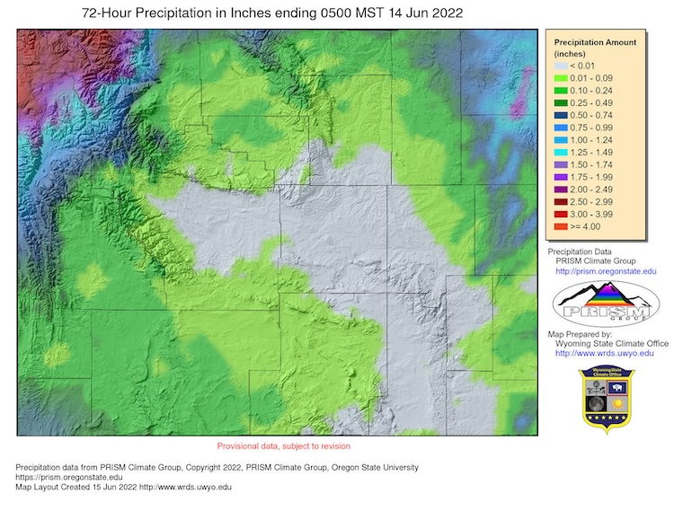 72-hour precipitation totals (inches) across Wyoming through 5 p.m. MT June 14, 2022.
