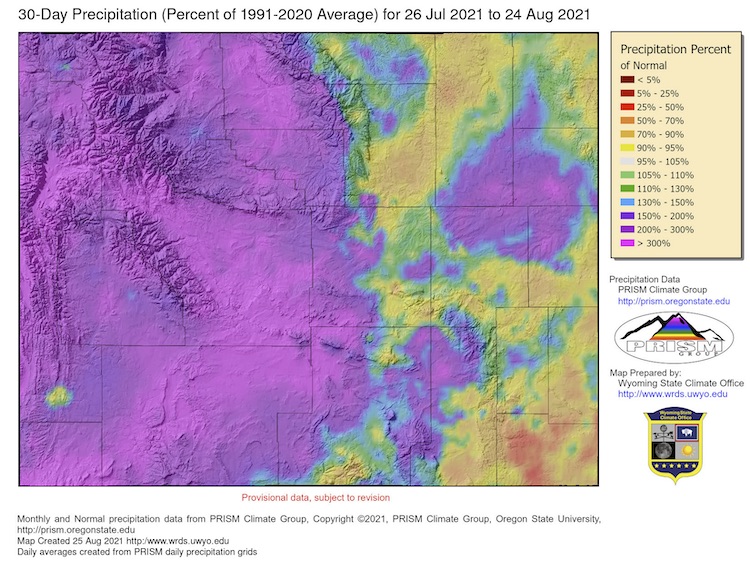 Wyoming 30-day precipitation for July 26–August 24, 2021 as a percent of the 1991-2020 average.  