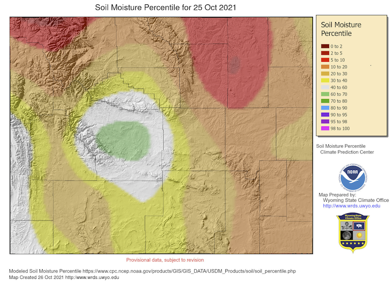 Soil moisture percentiles for Wyoming as of October 25, 2021.