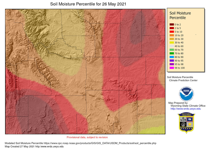 Wyoming soil moisture percentiles for May 26, 2021. Significant areas have soil moisture at the 5th percentile or less.