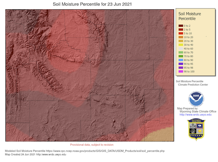 Soil moisture percentiles for Wyoming as of June 23, 2021. All but the southeast corner of the state is experiencing soil moisture conditions at or below the 10th percentile.