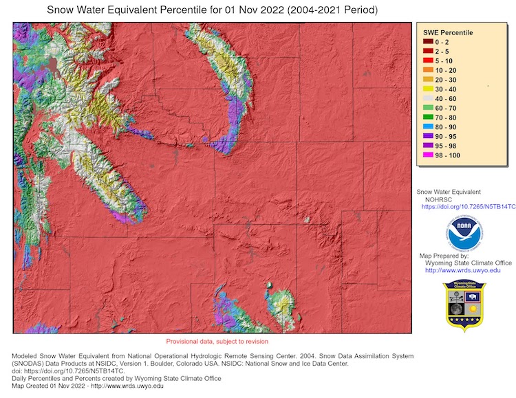 Snow water equivalent percentiles for November 1 show that snowpack is starting to become established for the season in Wyoming.