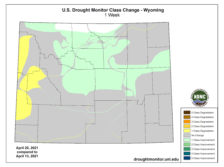 Change in the U.S. Drought Monitor categories for Wyoming from April 13 to 20 April, 2021. Drought improved over central Wyoming while western Wyoming saw a degradation in drought conditions.