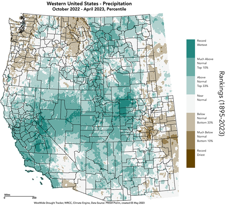 Western US precipitation rankings from October 2022-April 2023. Precipitation rankings are generally above normal for the west, with the exception of western Washington and Oregon, northern Idaho, southeastern California and southern Nevada, and west of the continental divide. 