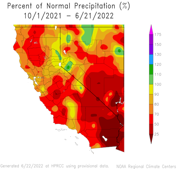 Southern Nevada and much of California show less than 70% of precipitation for the water year. Eastern Sierra Nevada and parts of Northwest Nevada have received over 100% normal precipitation.