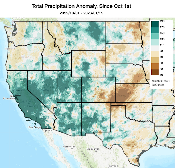 Water-year-to-date observed precipitation anomalies as of January 5, 2023. Despite recent precipitation across the states of CA, NV, UT, WA, OR, and ID from the atmospheric river, the northwest coast remains in a precipitation deficit compared to this time of the water year. 