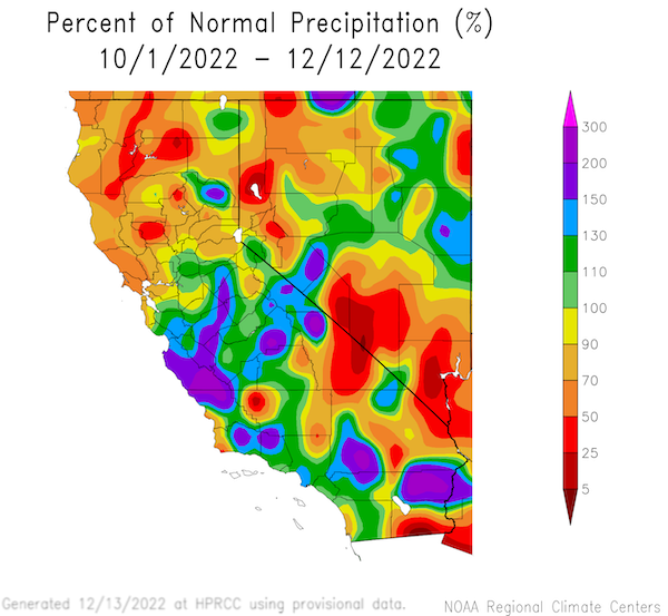 Since October 1,  Coastal California up towards San Francisco Bay along with north east Nevada show values above 110% of normal. Much of Northern California and Southeastern California and southern Nevada are below 70% of normal precipitation. 