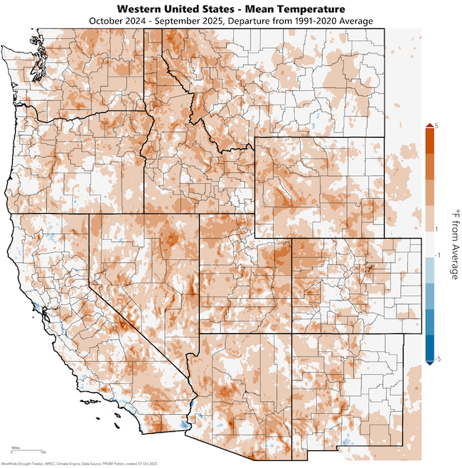 The figure shows a map of average water year average temperature departure from average for Water Year 2025. Most of Utah, Arizona, and Wyoming experienced above average temperatures, with the exception of the northeast corner of Wyoming. Western Colorado and New Mexico were also above average, while eastern Colorado and New Mexico had many counties with near-average water year temperatures.