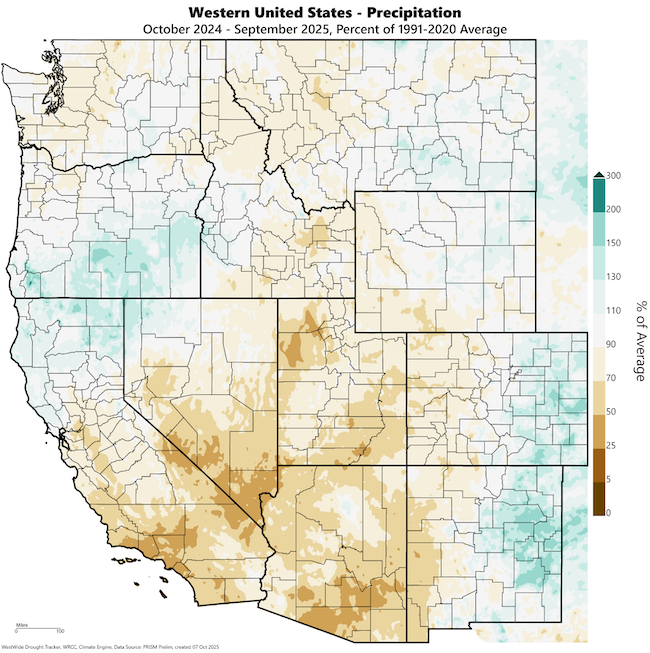 The figure shows a map of precipitation departure from average for Water Year 2025. All of Utah and Arizona, as well as western Colorado, western New Mexico, and southwestern Wyoming had below-average precipitation. Eastern Colorado and New Mexico were above average, and much of Wyoming received near-average precipitation.