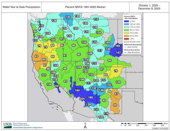 Much of the West saw above-normal water year precipitation to date (December 7, 2025) despite snow drought across much of the West. Warmer than normal temperatures have led to precipitation falling as rain rather than snow. 