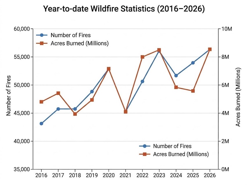 Line chart showing the total number of fires and acres burned across the U.S. each year from 2016 to 2026. To date, more than 55,000 fires have burned more than 8 million acres across the U.S. in 2026.