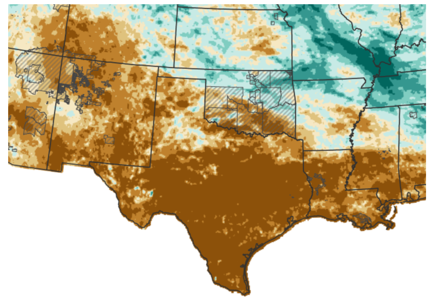 In the 30 days leading up to August 13, most of Texas, New Mexico, and southern Oklahoma received below-normal precipitation.