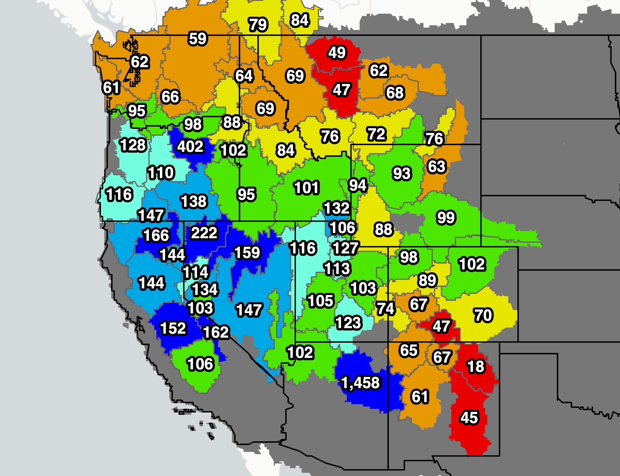 Snow water equivalent (SWE) is below median for 45% of stations in the western continental U.S. The most severe snow drought is in the northern Rocky Mountains and Washington.