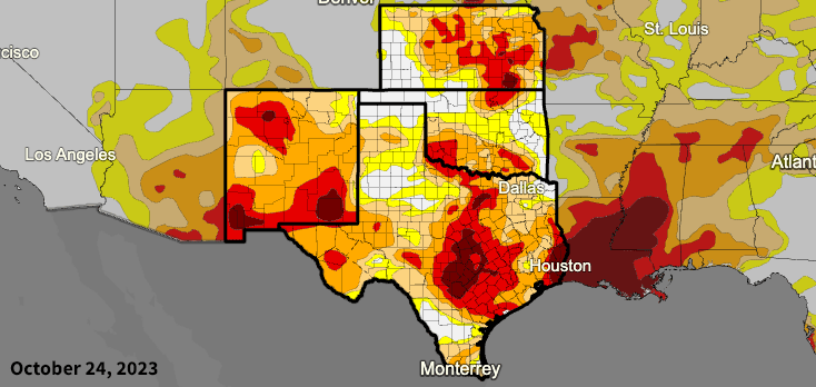 From October 24 , 2023 to January 23, 2024, parts of the Southern Plains have seen a 4- to 5-category improvements, according to the U.S. Drought Monitor. The biggest improvements are in eastern and central Texas, eastern Oklahoma, and eastern Kansas.
