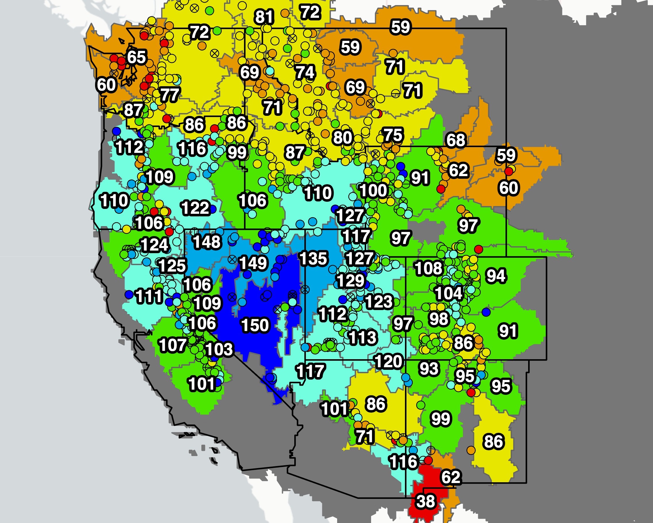 Snow water equivalent (SWE) is below median for 54% of stations in the western continental U.S. Parts of Washington, northern Wyoming, western Montana, and northern Idaho remain in snow drought because of snowfall and snowpack deficits.